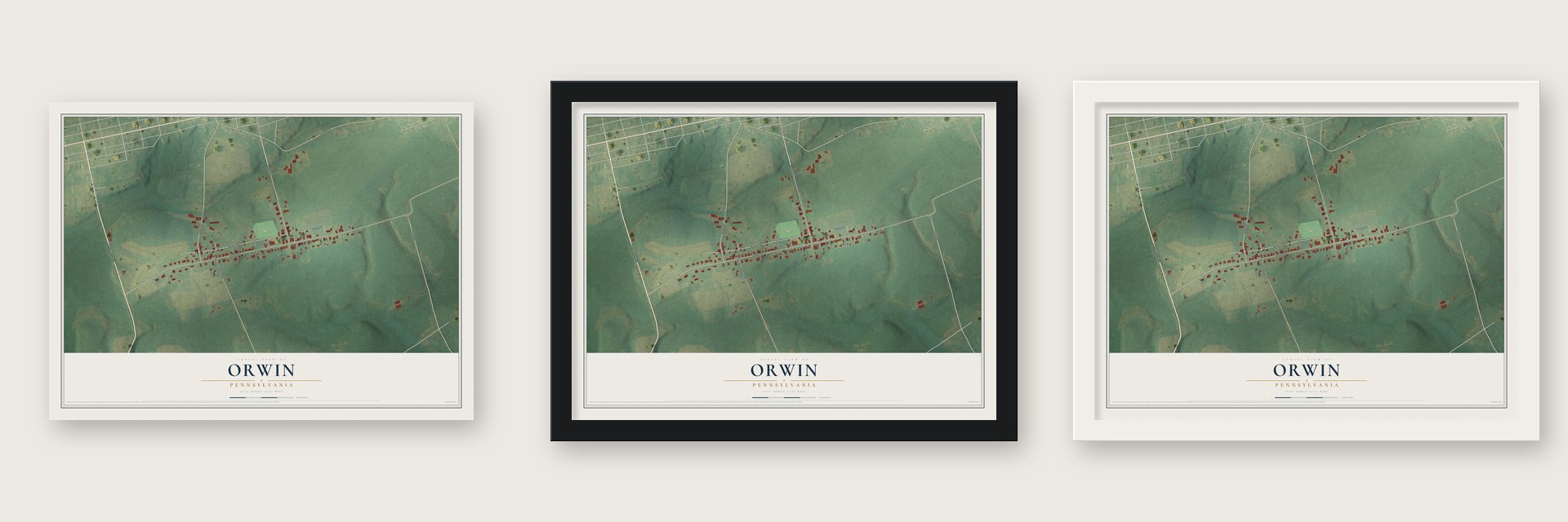Orwin, Pennsylvania map unframed, in a black wood frame and in a white wood frame