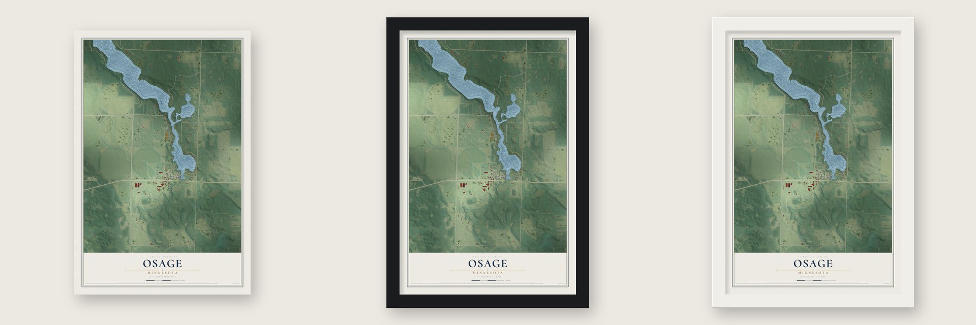 Osage, Minnesota map unframed, in a black wood frame and in a white wood frame