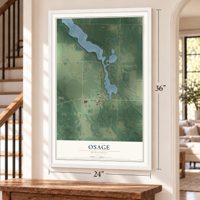 Osage, Minnesota map, 24 x 36 inch print in a white frame by a staircase