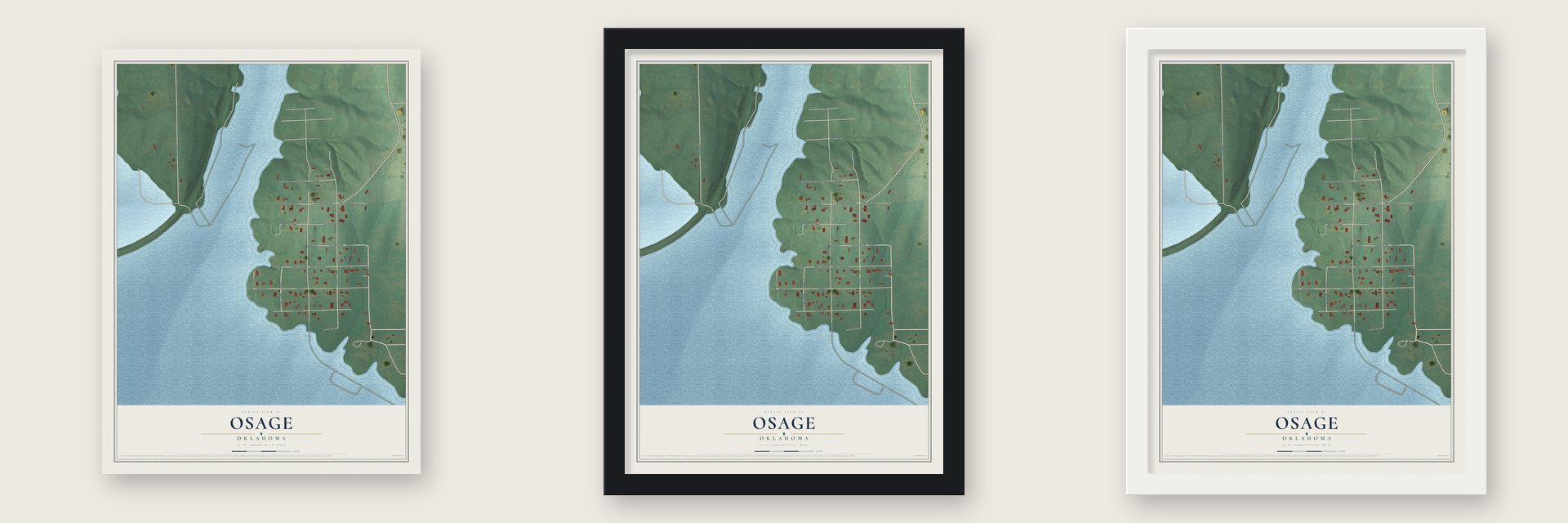 Osage, Oklahoma map unframed, in a black wood frame and in a white wood frame