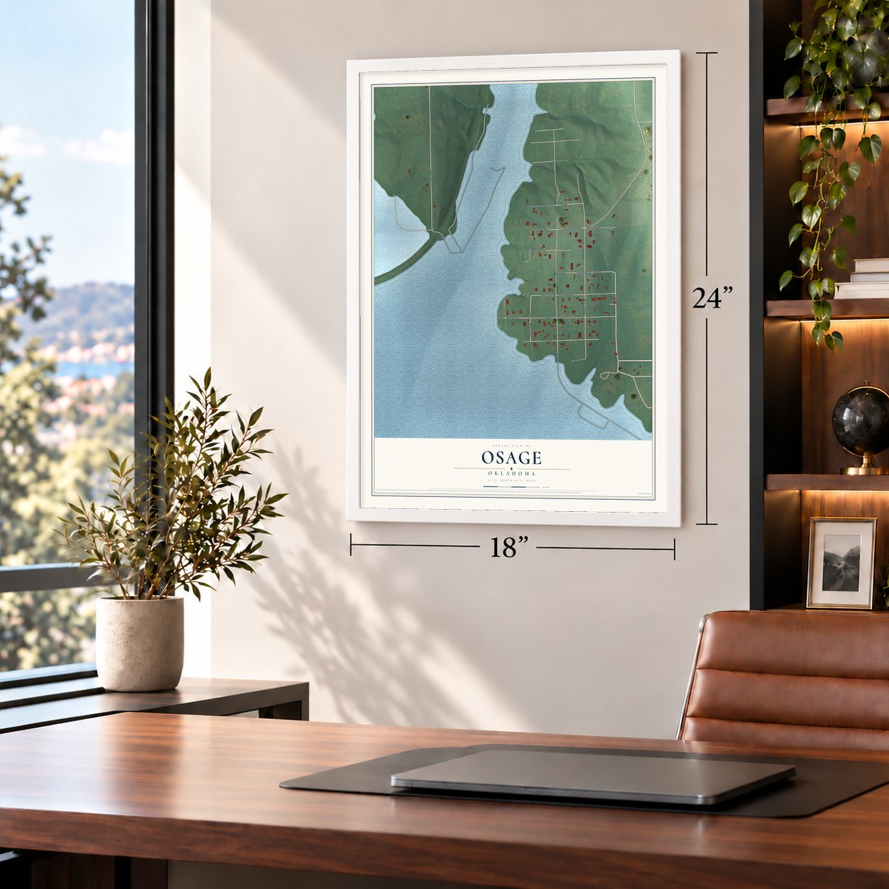 Osage, Oklahoma map, 18 x 24 inch print in a white frame in a home office