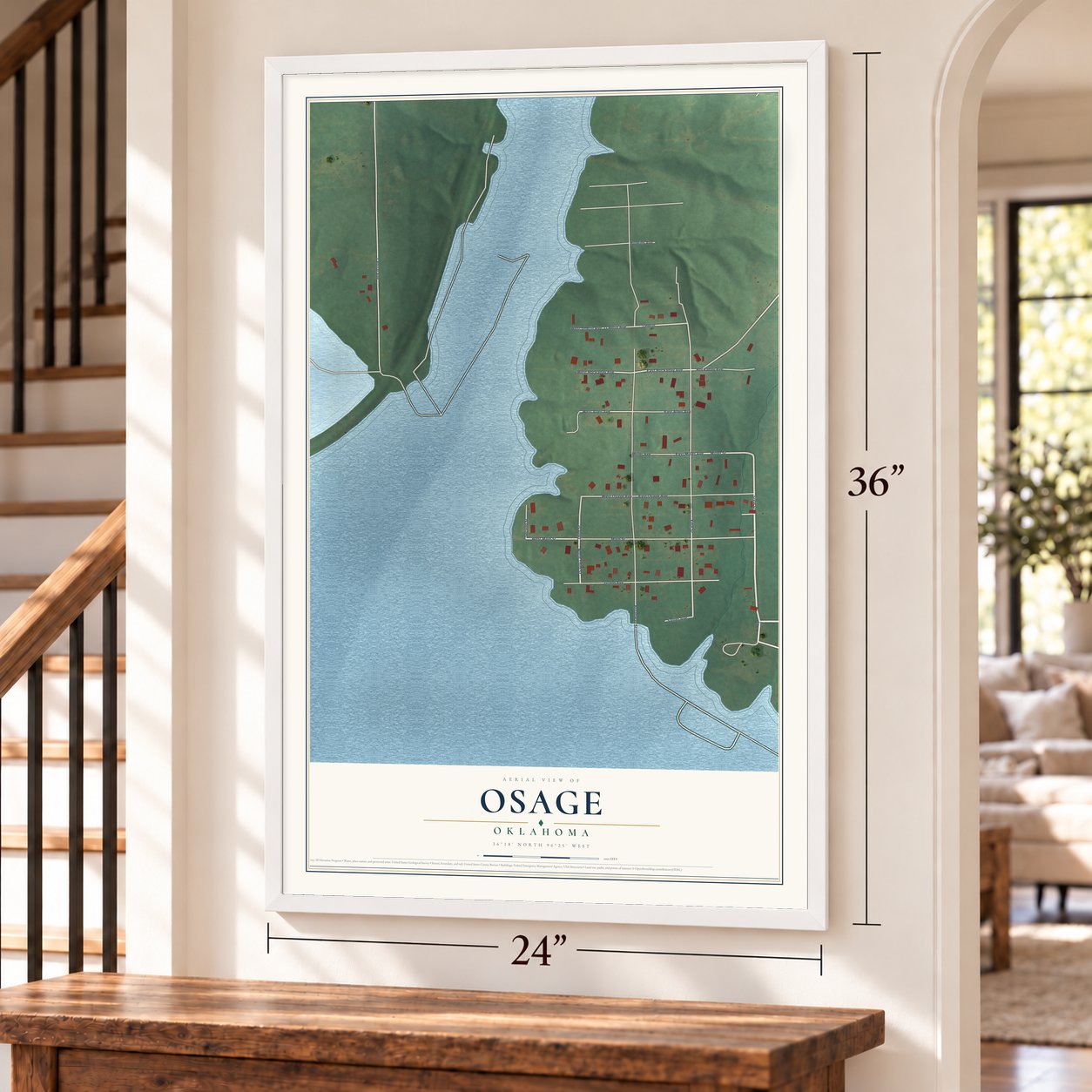 Osage, Oklahoma map, 24 x 36 inch print in a white frame by a staircase