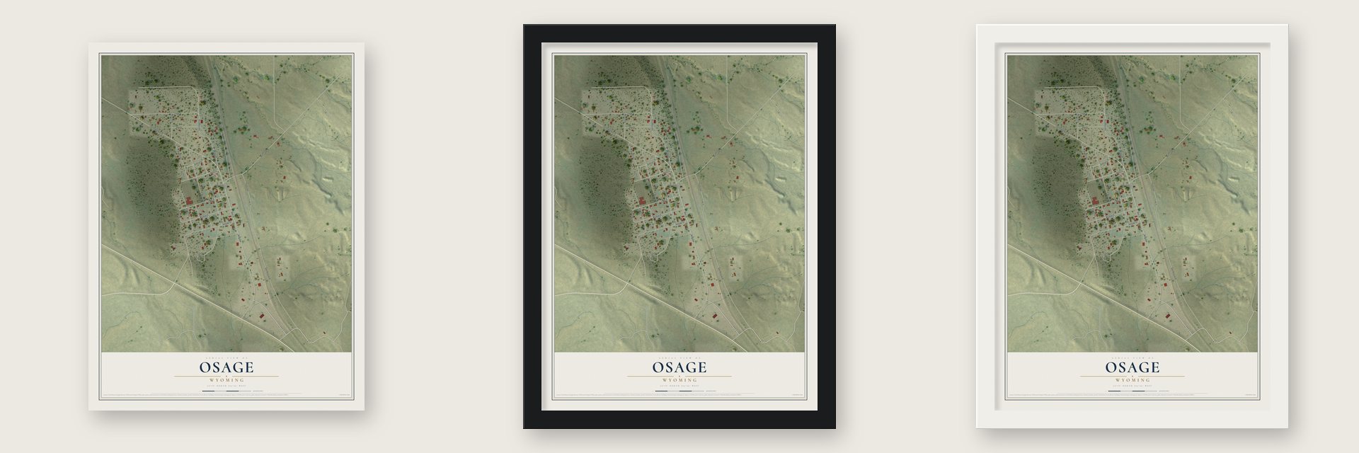 Osage, Wyoming map unframed, in a black wood frame and in a white wood frame
