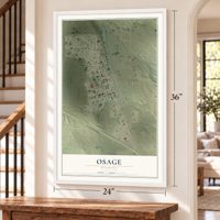 Osage, Wyoming map, 24 x 36 inch print in a white frame by a staircase