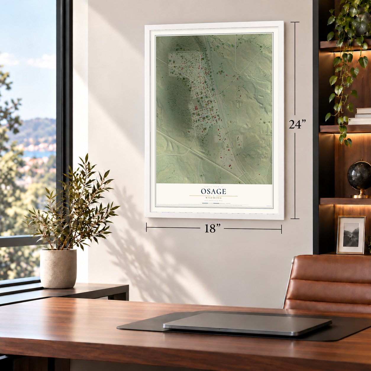 Osage, Wyoming map, 18 x 24 inch print in a white frame in a home office
