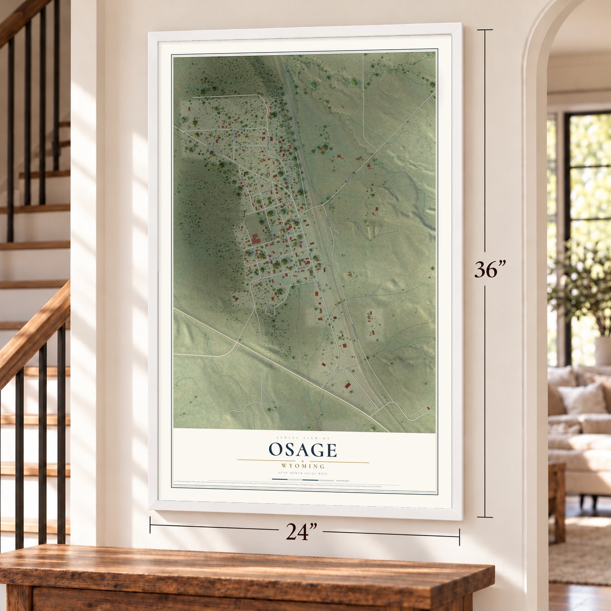 Osage, Wyoming map, 24 x 36 inch print in a white frame by a staircase