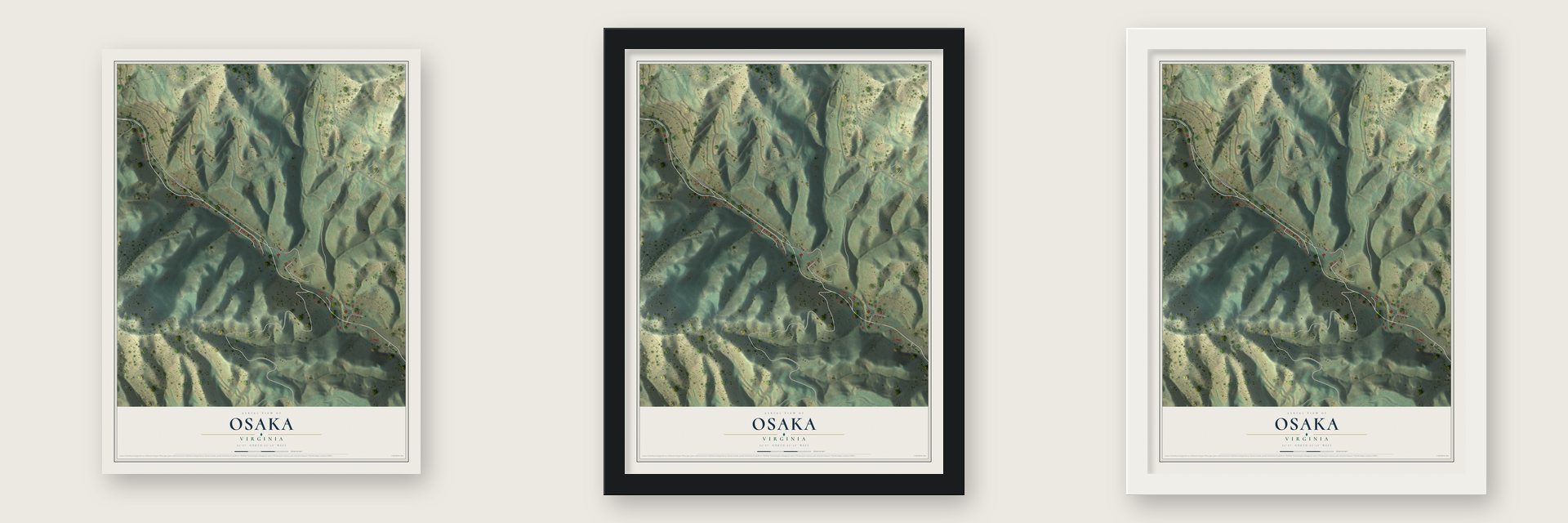 Osaka, Virginia map unframed, in a black wood frame and in a white wood frame