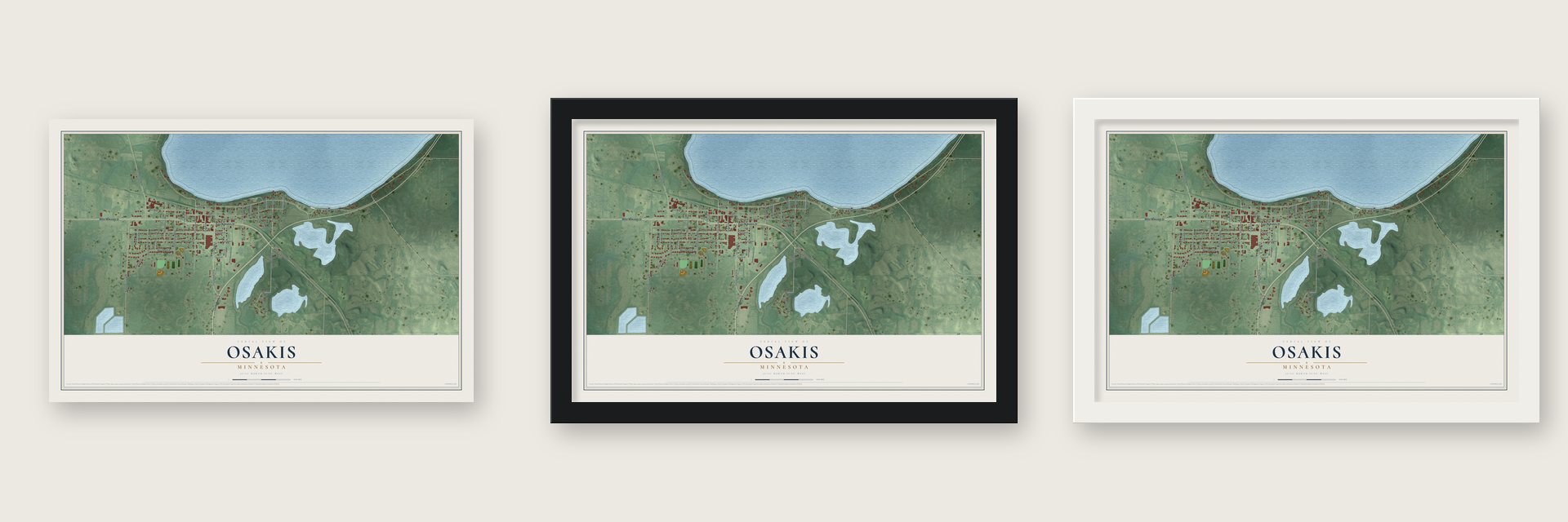 Osakis, Minnesota map unframed, in a black wood frame and in a white wood frame