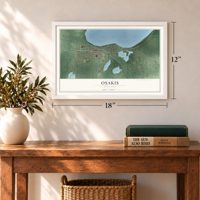 Osakis, Minnesota map, 12 x 18 inch print in a white frame in an entryway