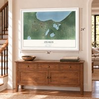 Osakis, Minnesota map, 24 x 36 inch print in a white frame above a dresser by a staircase