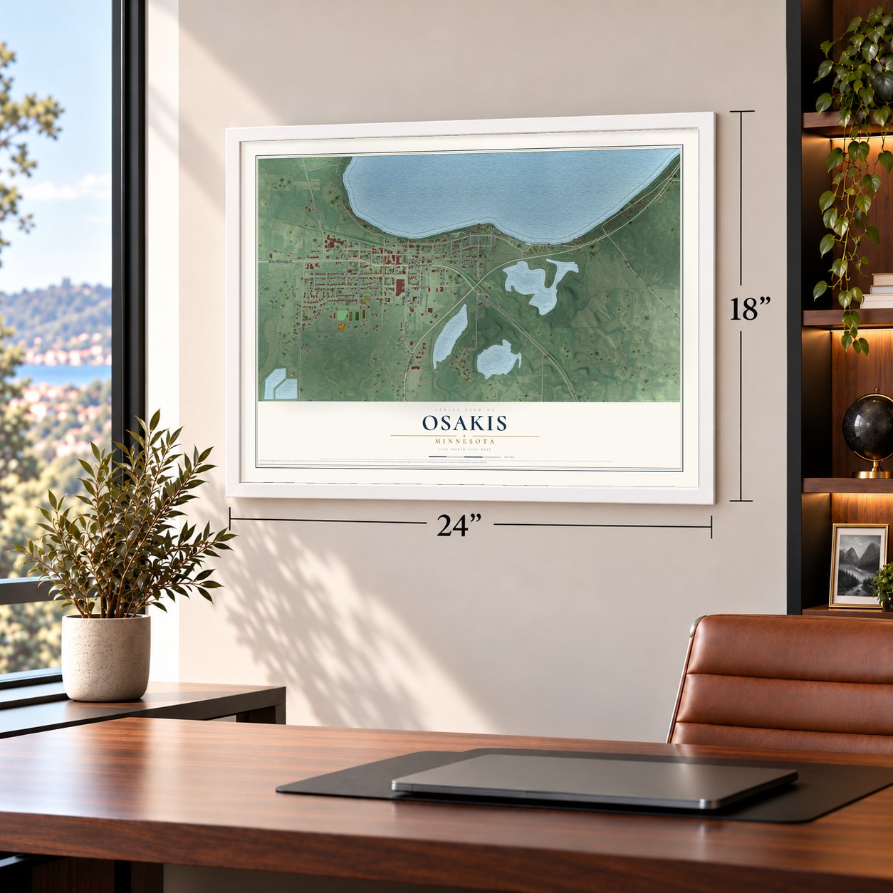 Osakis, Minnesota map, 18 x 24 inch print in a white frame in a home office