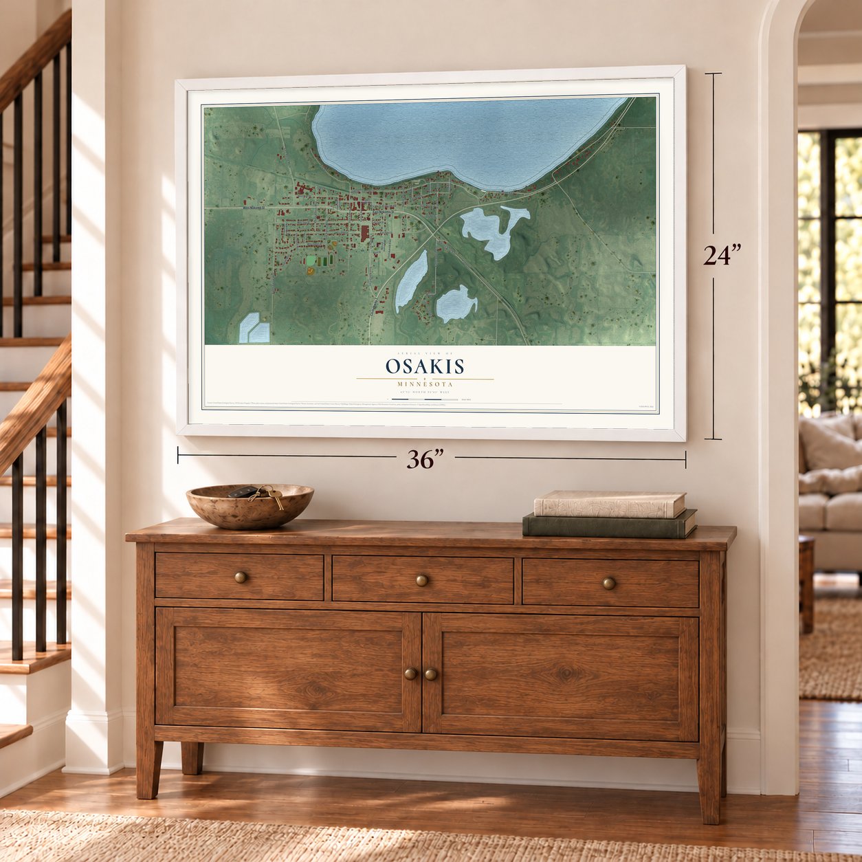 Osakis, Minnesota map, 24 x 36 inch print in a white frame above a dresser by a staircase