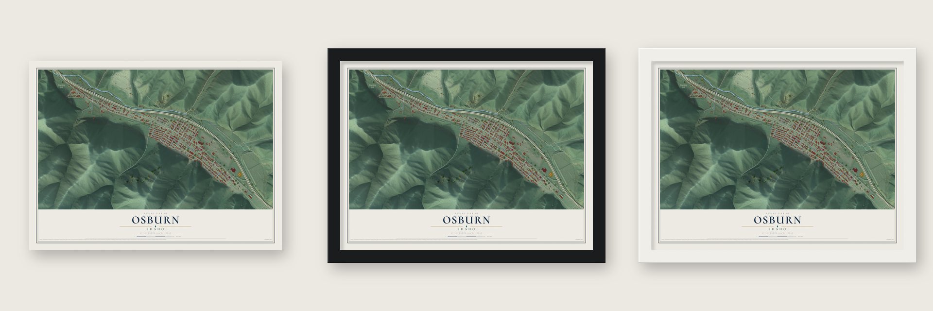 Osburn, Idaho map unframed, in a black wood frame and in a white wood frame