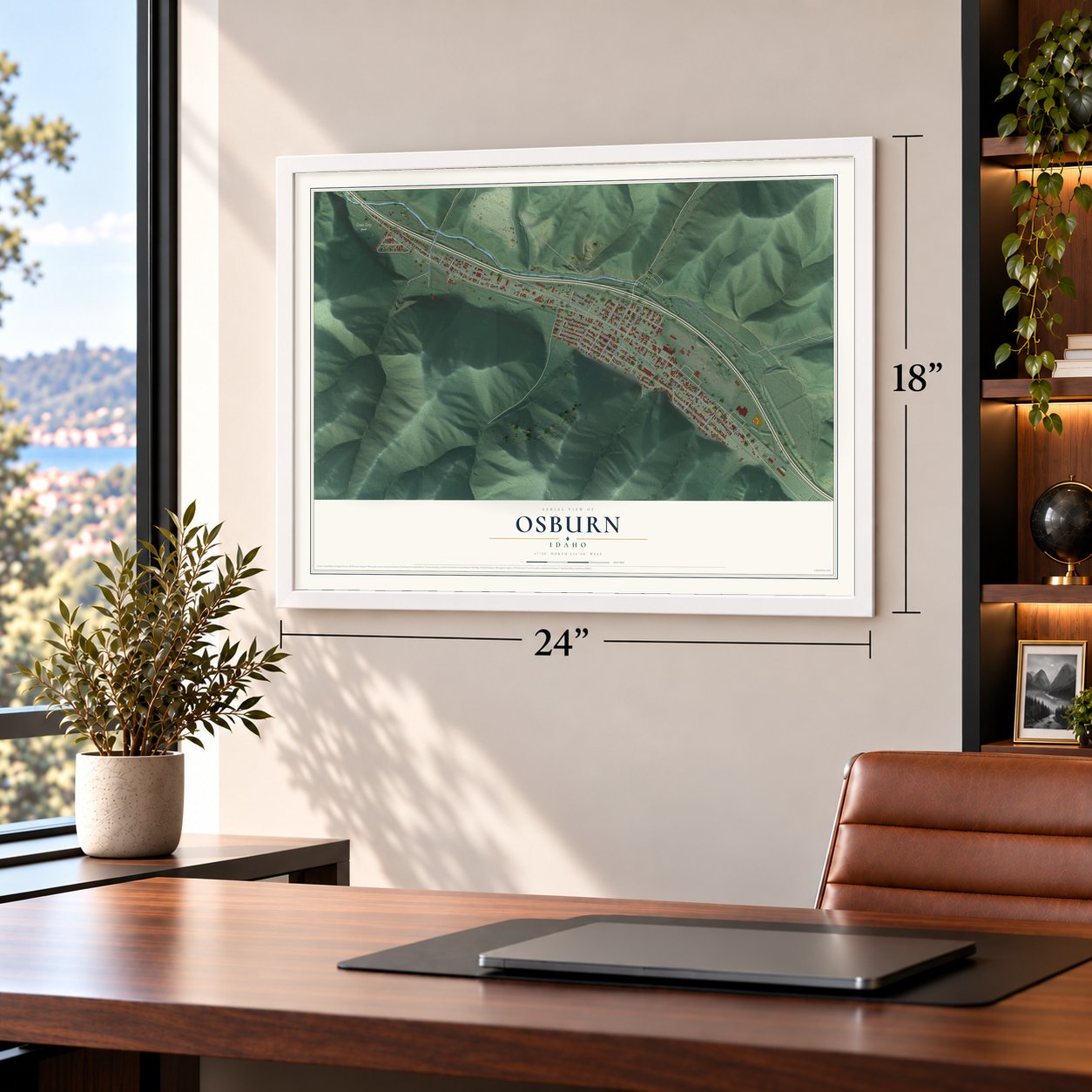 Osburn, Idaho map, 18 x 24 inch print in a white frame in a home office