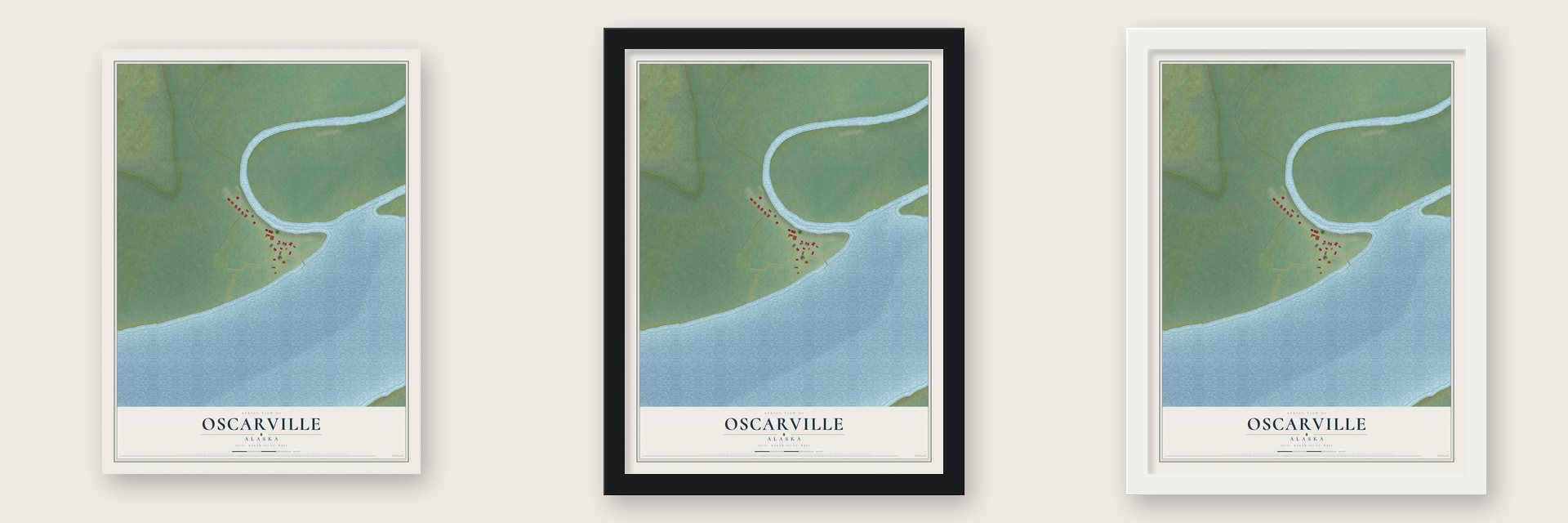 Oscarville, Alaska map unframed, in a black wood frame and in a white wood frame