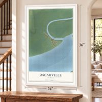 Oscarville, Alaska map, 24 x 36 inch print in a white frame by a staircase