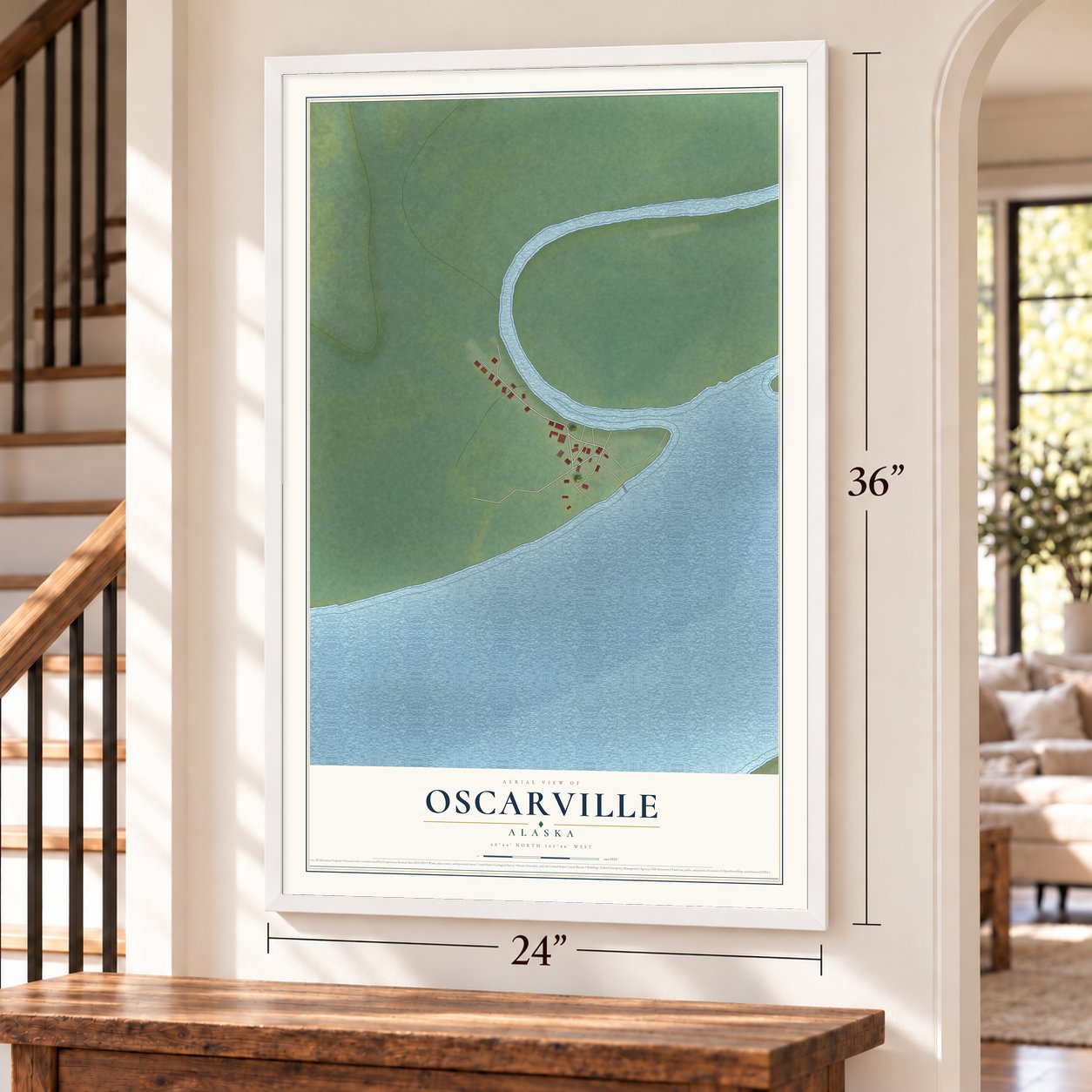 Oscarville, Alaska map, 24 x 36 inch print in a white frame by a staircase