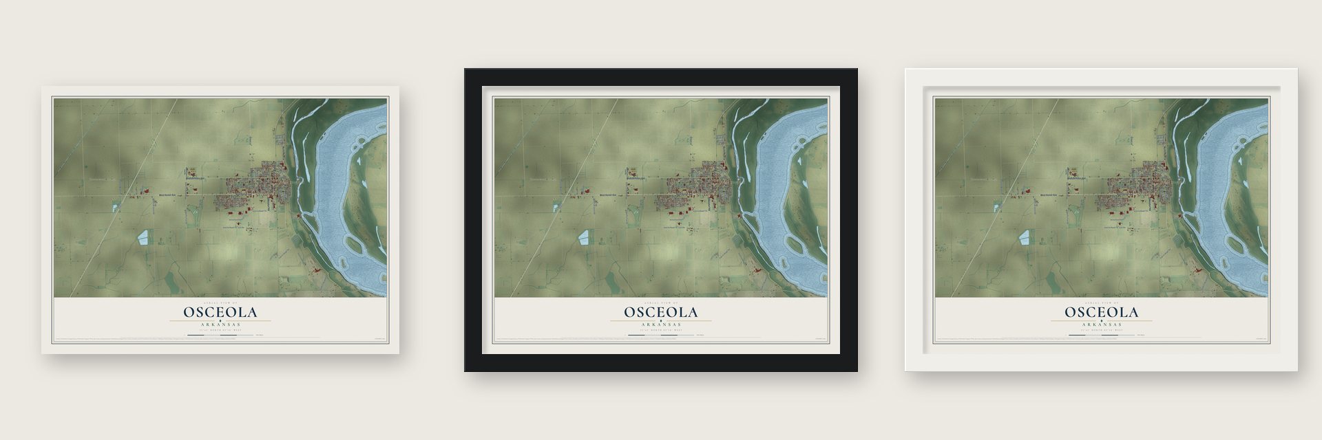Osceola, Arkansas map unframed, in a black wood frame and in a white wood frame