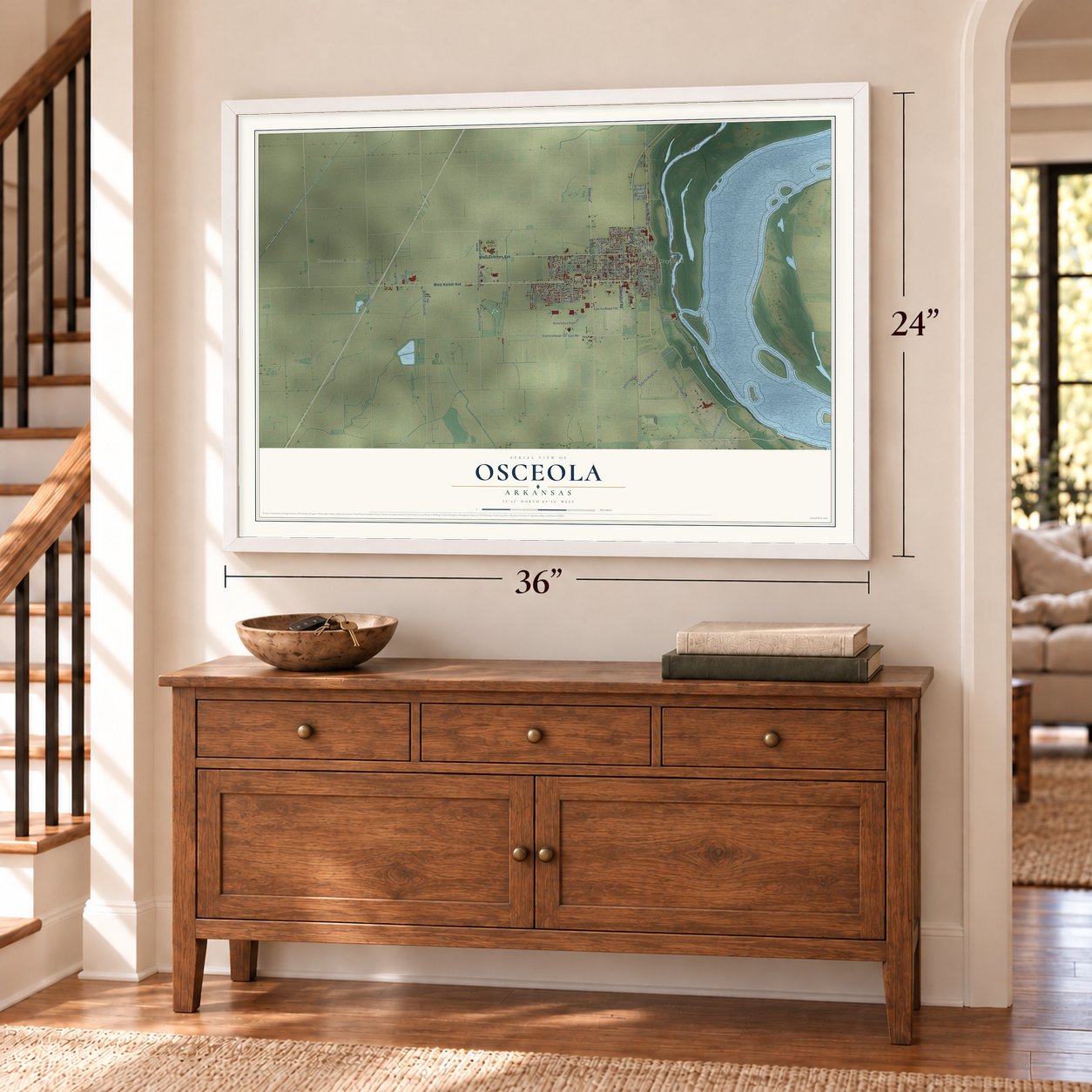 Osceola, Arkansas map, 24 x 36 inch print in a white frame above a dresser by a staircase