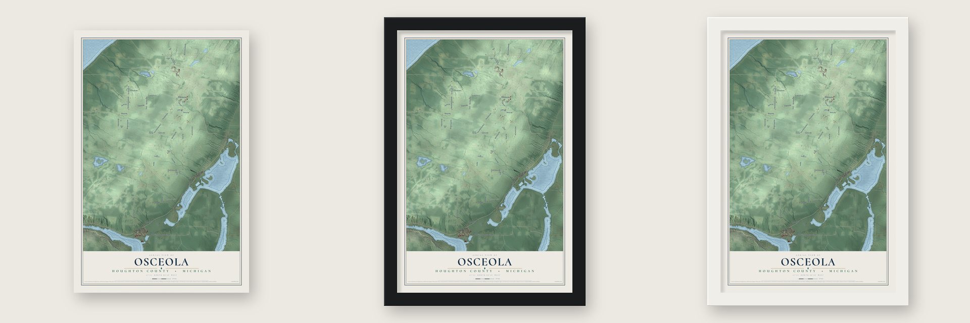 Osceola, Houghton County, Michigan map unframed, in a black wood frame and in a white wood frame