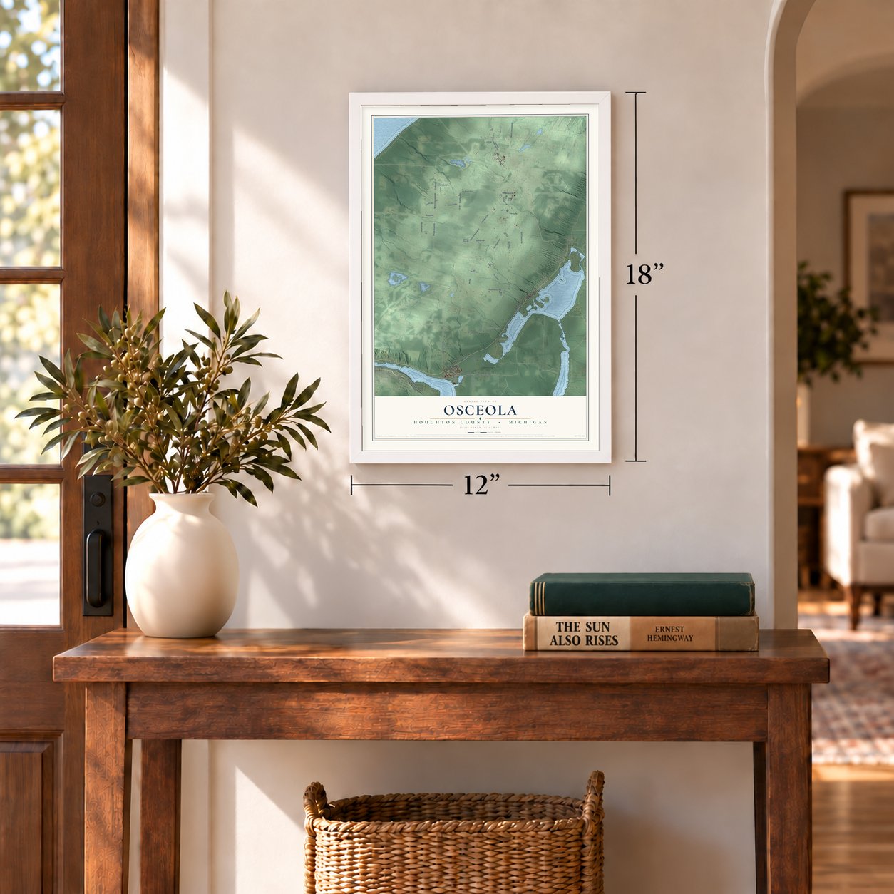 Osceola, Houghton County, Michigan map, 12 x 18 inch print in a white frame in an entryway