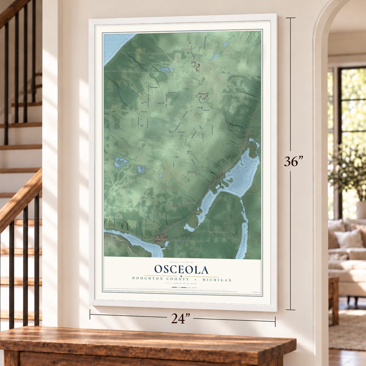 Osceola, Houghton County, Michigan map, 24 x 36 inch print in a white frame by a staircase
