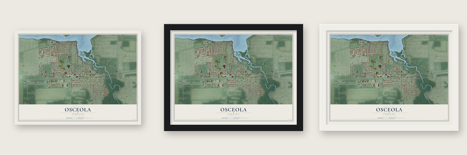 Osceola, Indiana map unframed, in a black wood frame and in a white wood frame