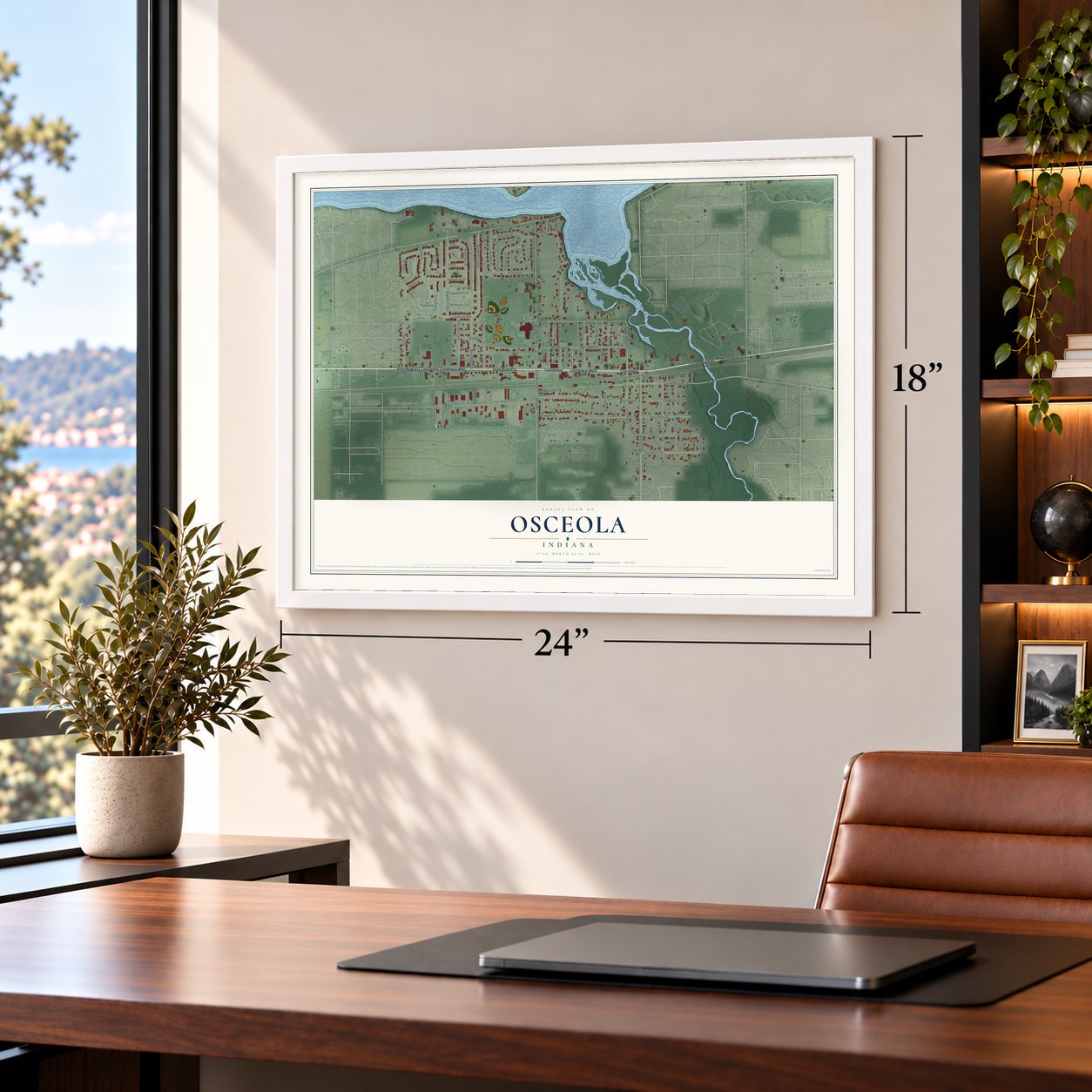Osceola, Indiana map, 18 x 24 inch print in a white frame in a home office