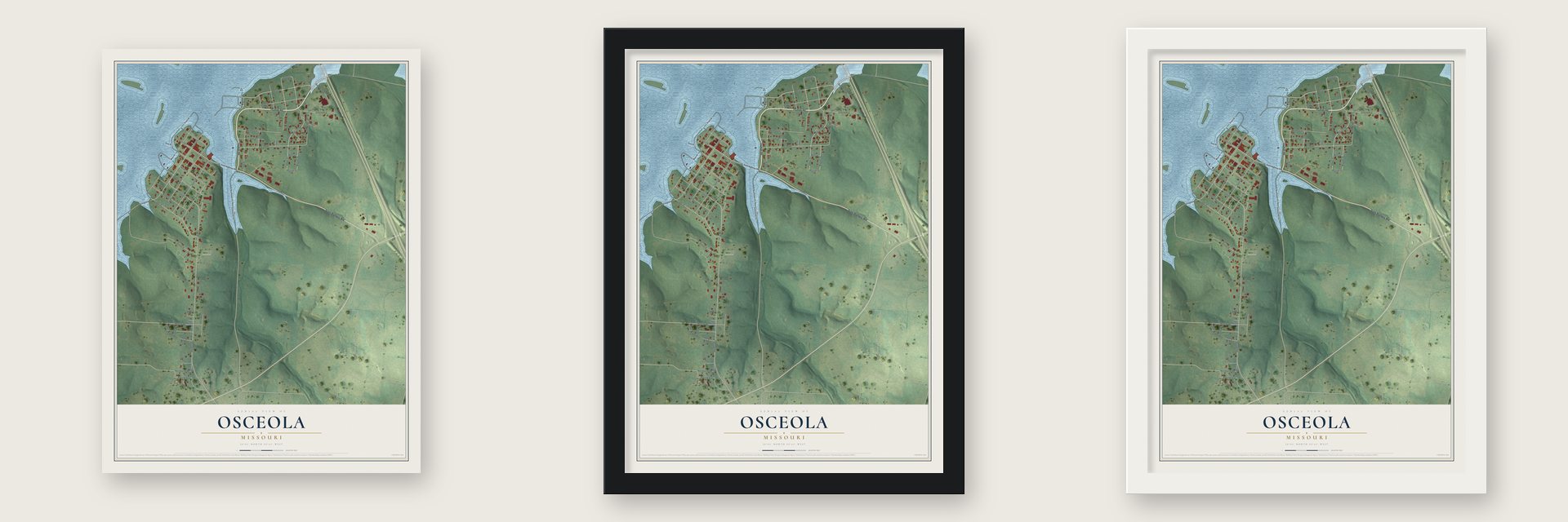 Osceola, Missouri map unframed, in a black wood frame and in a white wood frame