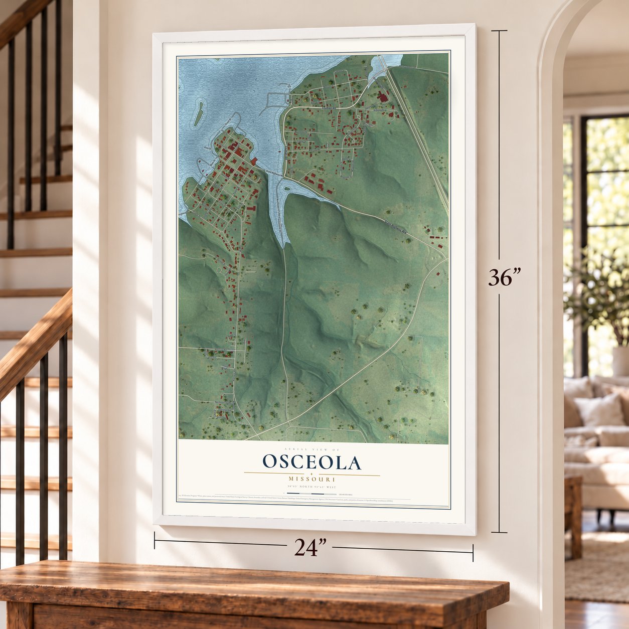 Osceola, Missouri map, 24 x 36 inch print in a white frame by a staircase