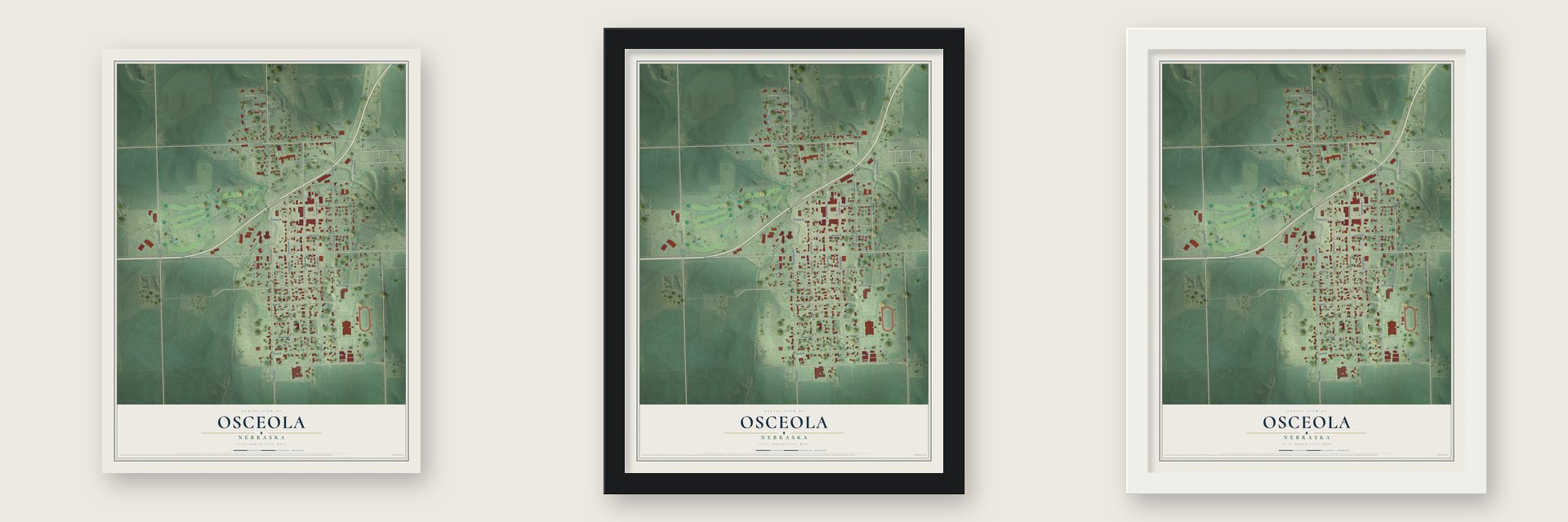 Osceola, Nebraska map unframed, in a black wood frame and in a white wood frame