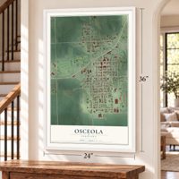 Osceola, Nebraska map, 24 x 36 inch print in a white frame by a staircase