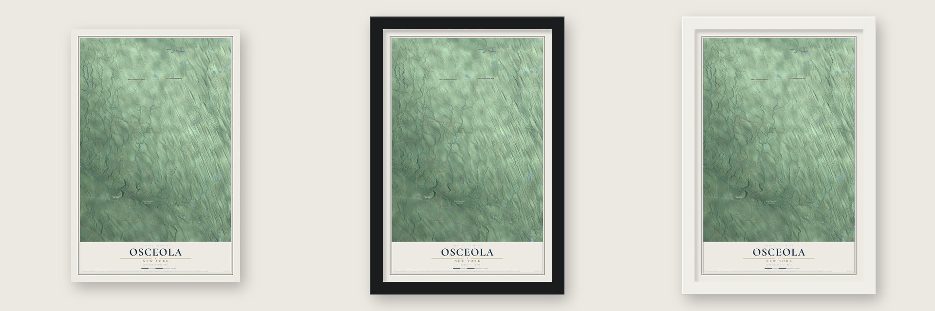 Osceola, New York map unframed, in a black wood frame and in a white wood frame