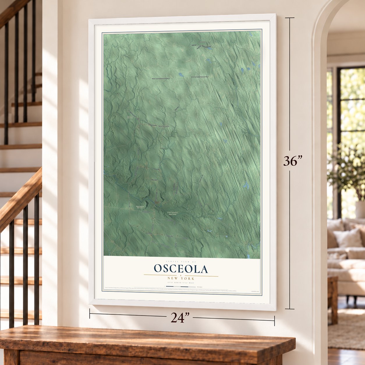 Osceola, New York map, 24 x 36 inch print in a white frame by a staircase