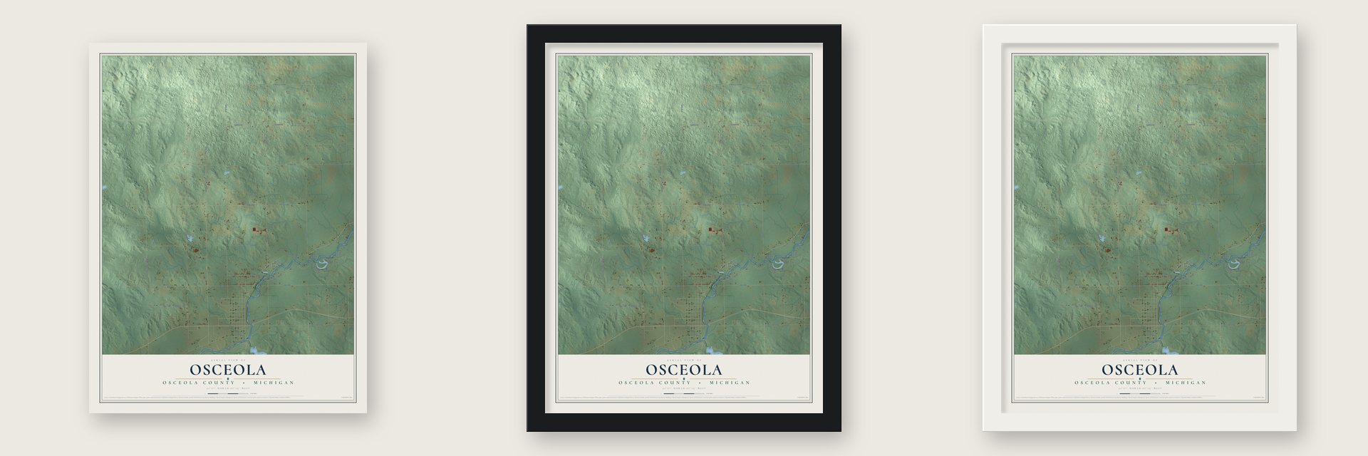 Osceola, Osceola County, Michigan map unframed, in a black wood frame and in a white wood frame