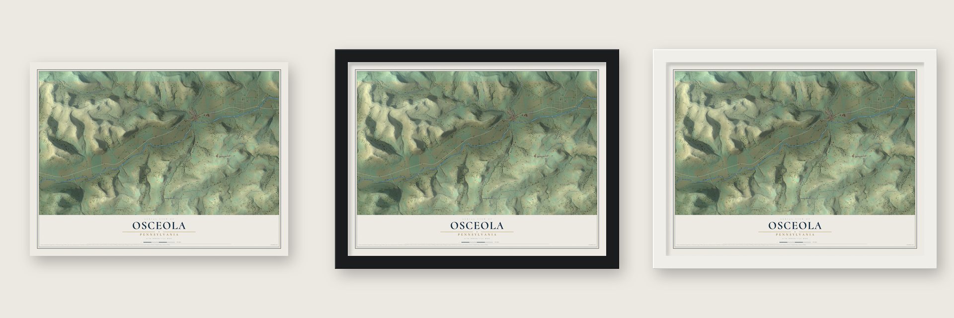 Osceola, Pennsylvania map unframed, in a black wood frame and in a white wood frame