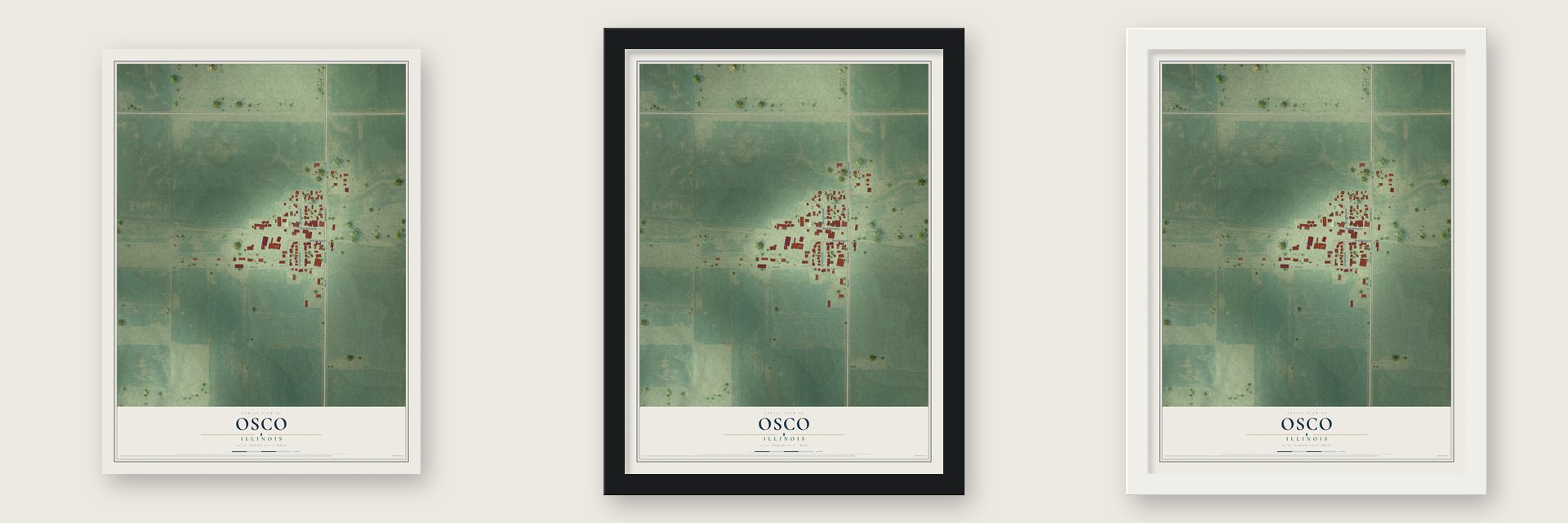 Osco, Illinois map unframed, in a black wood frame and in a white wood frame