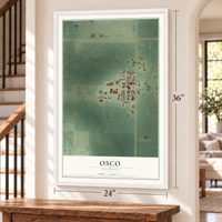 Osco, Illinois map, 24 x 36 inch print in a white frame by a staircase