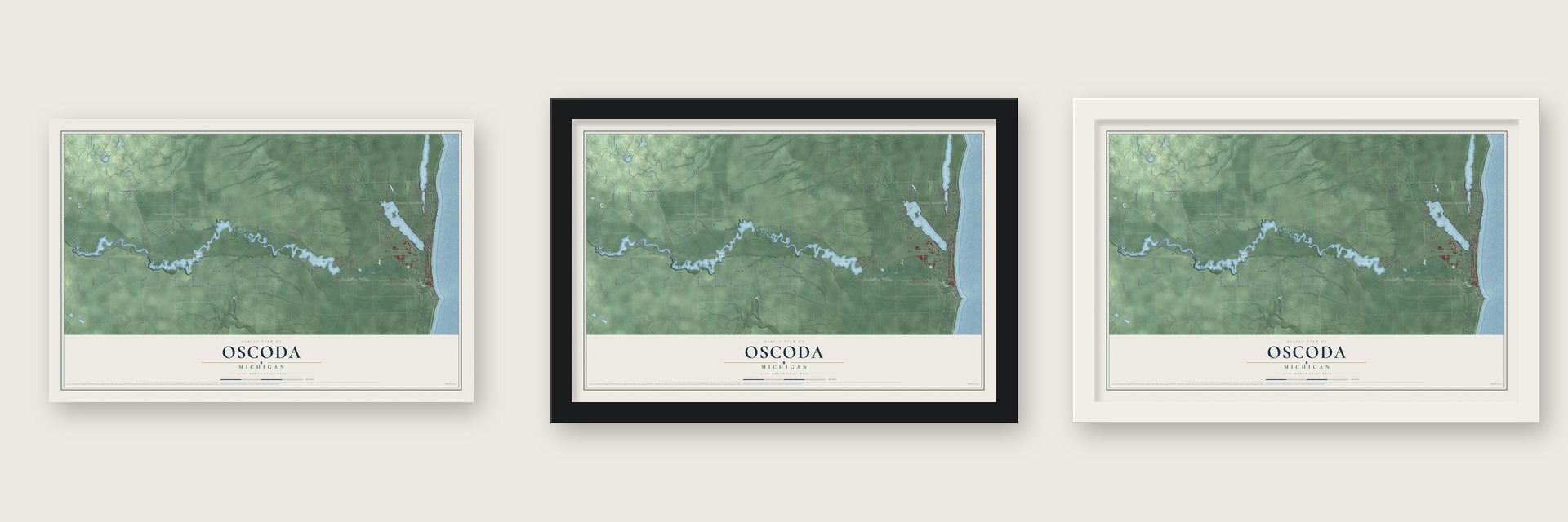 Oscoda, Michigan map unframed, in a black wood frame and in a white wood frame