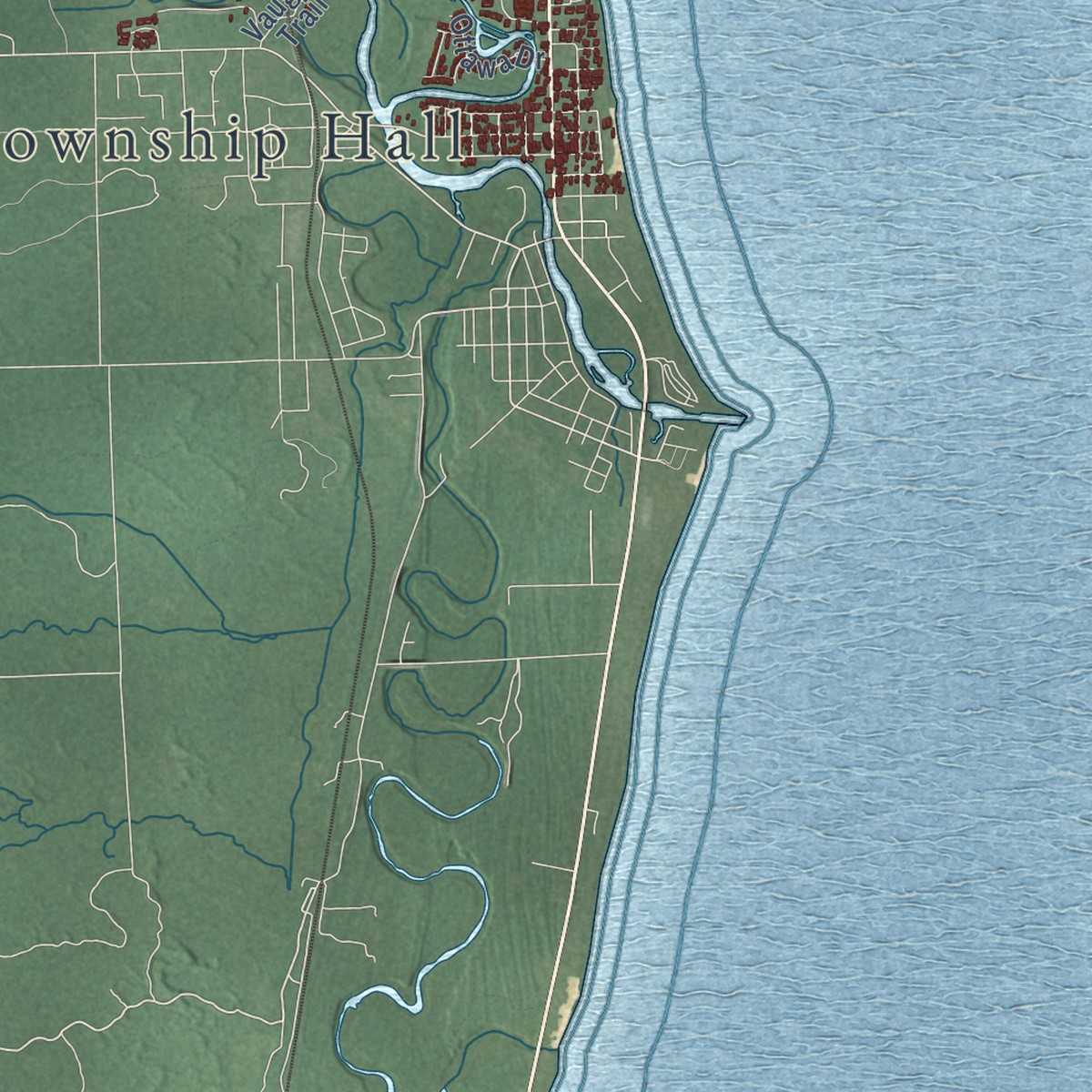 Second close-up of the map of Oscoda, Michigan print showing more streets and buildings