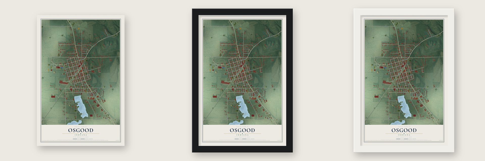 Osgood, Indiana map unframed, in a black wood frame and in a white wood frame