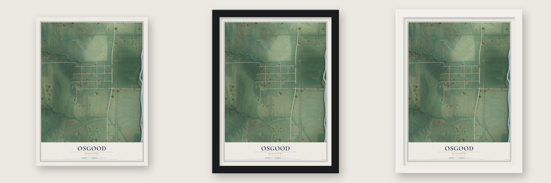 Osgood, Missouri map unframed, in a black wood frame and in a white wood frame