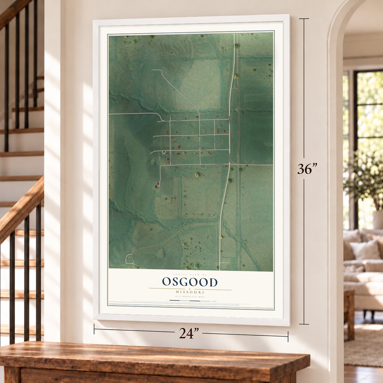 Osgood, Missouri map, 24 x 36 inch print in a white frame by a staircase