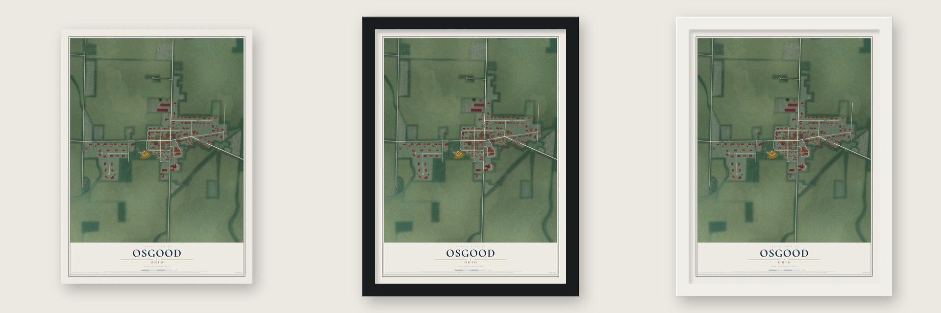 Osgood, Ohio map unframed, in a black wood frame and in a white wood frame