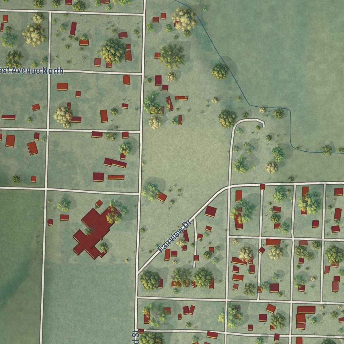 Second close-up of the map of Oshkosh, Nebraska print showing more streets and buildings