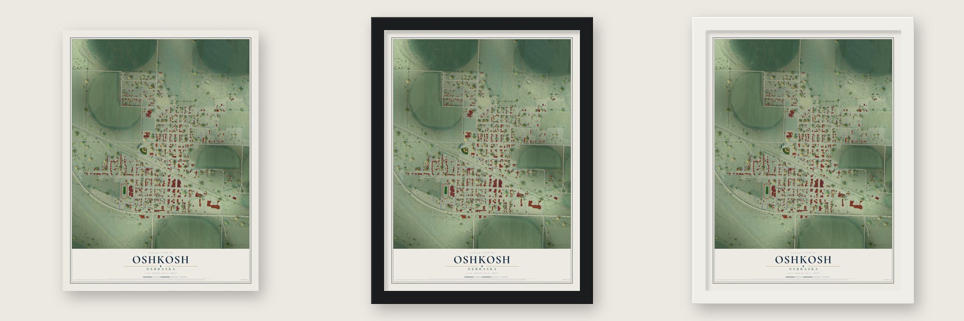 Oshkosh, Nebraska map unframed, in a black wood frame and in a white wood frame