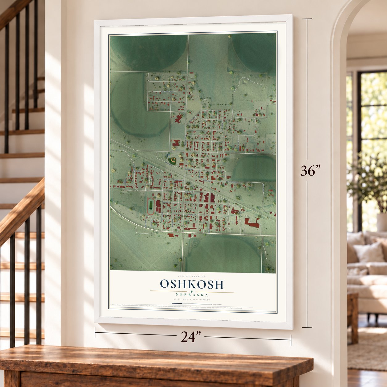 Oshkosh, Nebraska map, 24 x 36 inch print in a white frame by a staircase