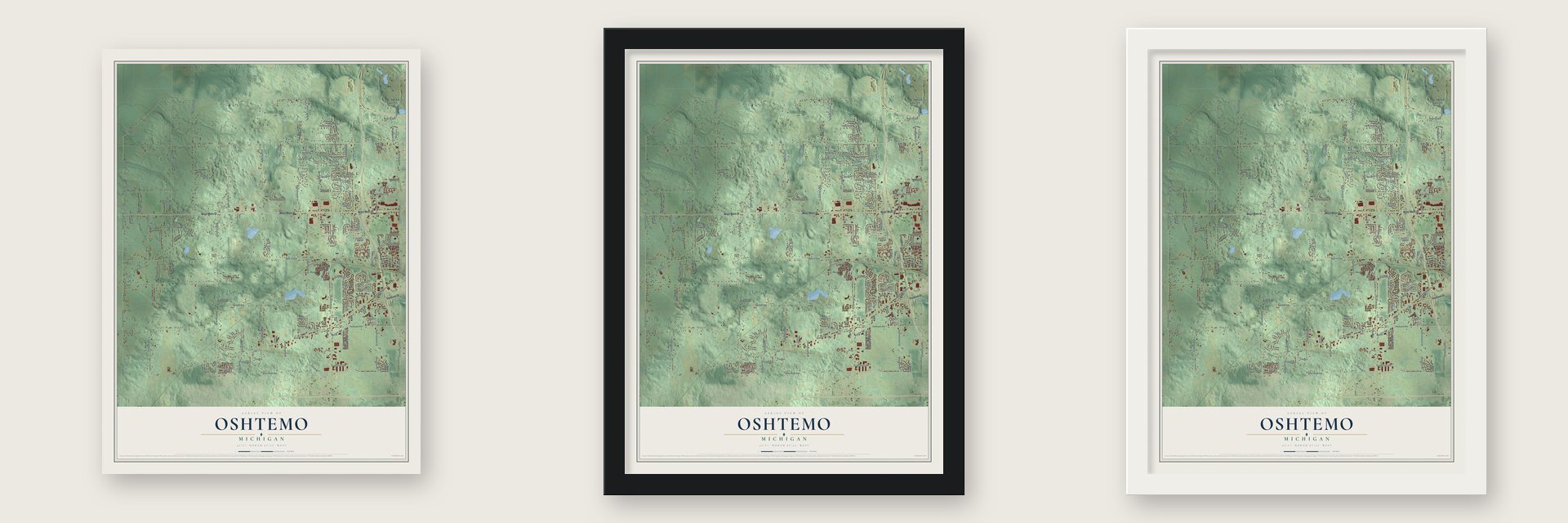 Oshtemo, Michigan map unframed, in a black wood frame and in a white wood frame