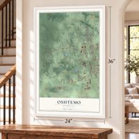 Oshtemo, Michigan map, 24 x 36 inch print in a white frame by a staircase