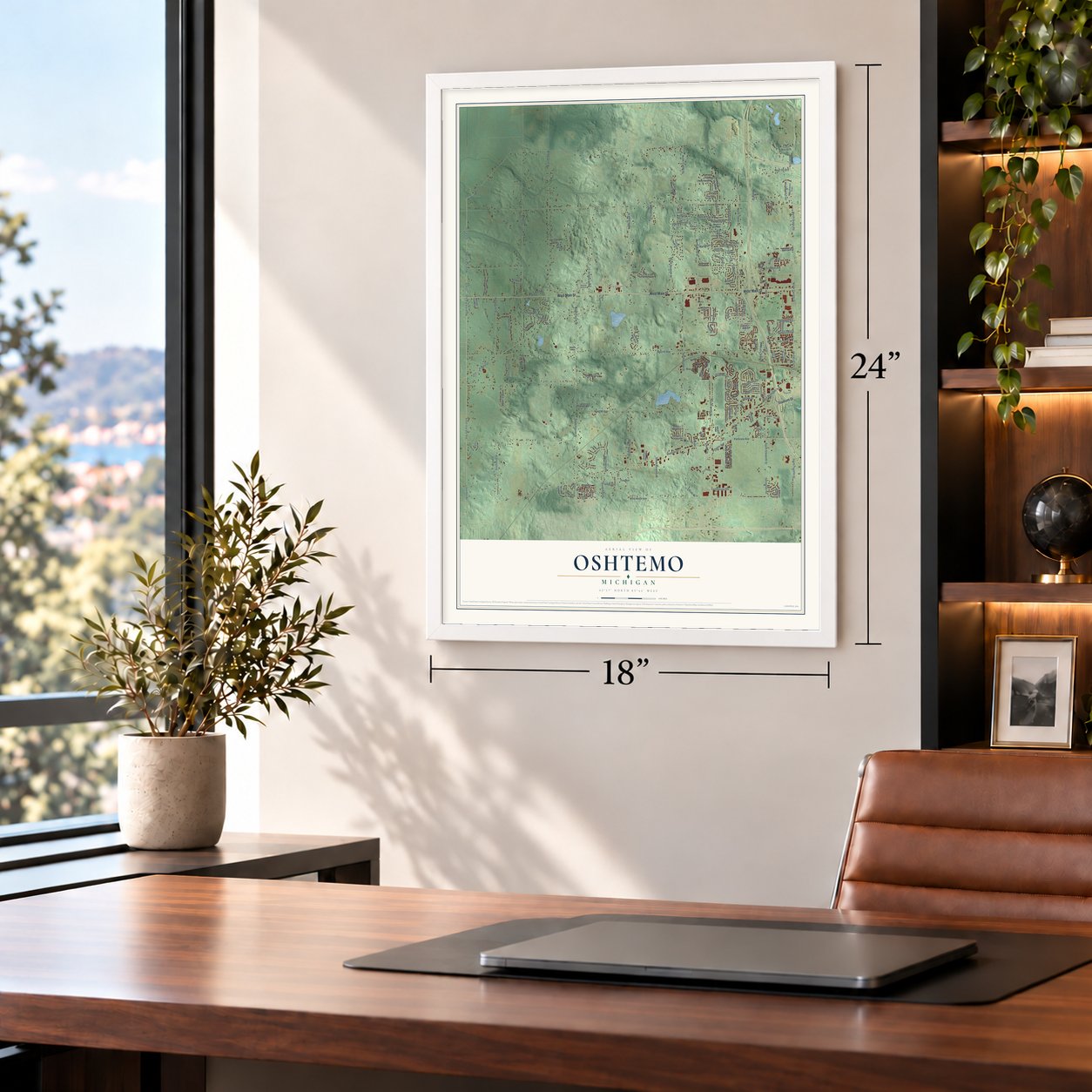 Oshtemo, Michigan map, 18 x 24 inch print in a white frame in a home office